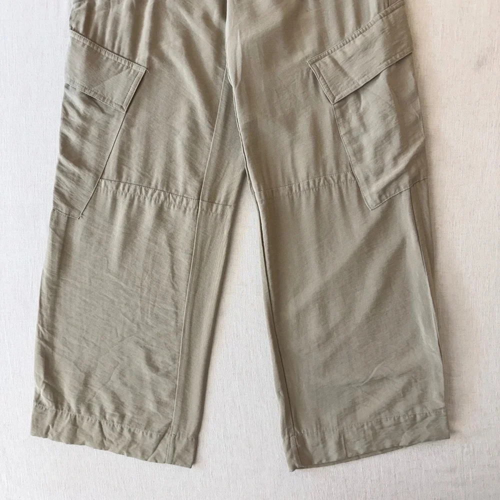 MNG Mango Cargo Pants Woman 6 Beige Wide Leg Lightweight Utility Casual Trousers